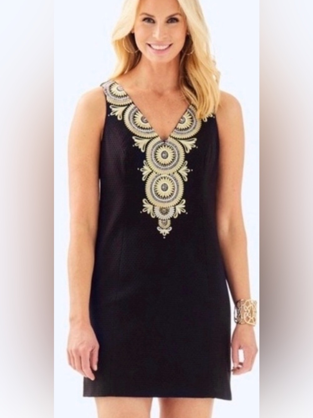 Lilly Pulitzer Black Shift Dress with gold Embroidered Neckline